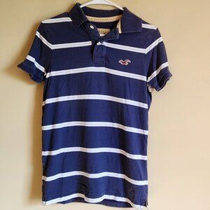 Hollister - Men's Blue and White Stripe Polo Shirt Size Small